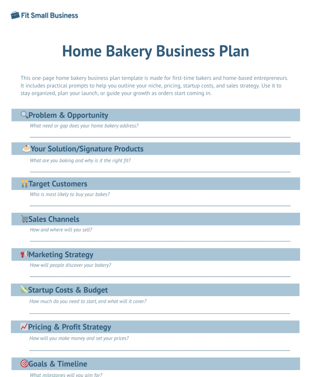 Home Bakery Business Plan Template screenshot.